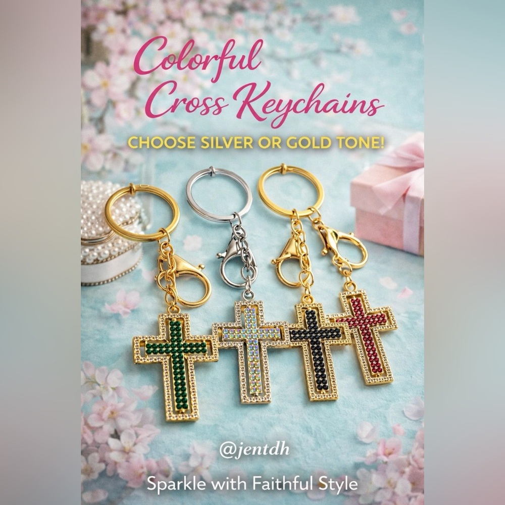 Colorful Rhinestone Cross Keychain - Choose 1 Color